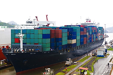 Cargo containers in a container ship at a commercial dock, Panama Canal, Panama