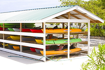 Group of canoes in a stand, Dixon Cove, Roatan, Bay Islands, Honduras