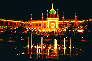 Facade of a mosque lit up at night, Tivoli Gardens, Copenhagen, Denmark