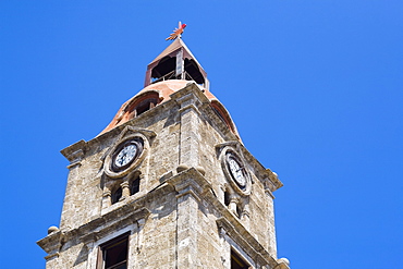 Low angle view of a clock tower, Mosque of Suleyman, Rhodes Old Town, Rhodes, Dodecanese Islands, Greece