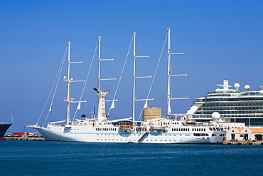 Ships at a harbor, Mandraki Harbor, Rhodes, Dodecanese Islands, Greece