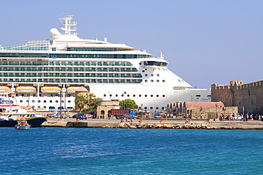 Cruise ship at a harbor, Mandraki Harbor, Rhodes, Dodecanese Islands, Greece