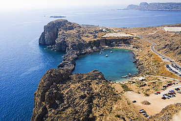 High angle view of a coast, Lindos, Rhodes, Dodecanese Islands, Greece