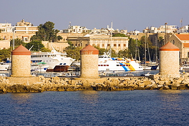 Windmills on the harbor, Mandraki Harbor, Rhodes, Dodecanese Islands, Greece