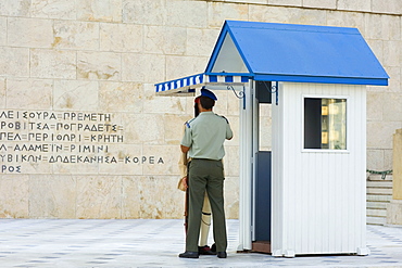 Rear view of a security guard in front of parliament building, Athens, Greece