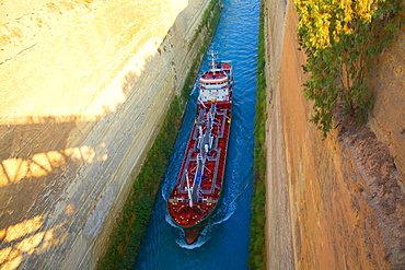 High angle view of a container ship in a canal, Corinth Canal, Athens, Greece