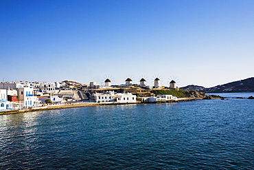 Traditional windmills in a row, Mykonos, Cyclades Islands, Greece