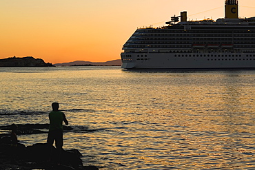 Silhouette of a cruise ship in the sea, Mykonos, Cyclades Islands, Greece