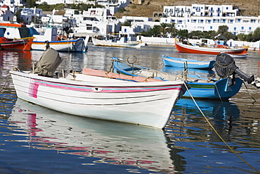 Reflection of boats in the sea, Mykonos, Cyclades Islands, Greece