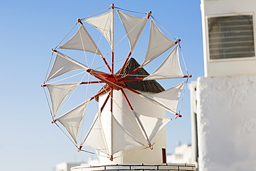 Low angle view of a traditional windmill, Mykonos, Cyclades Islands, Greece