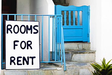 Information board on a railing, Mykonos, Cyclades Islands, Greece