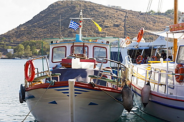 Yachts moored at a harbor, Skala, Patmos, Dodecanese Islands, Greece