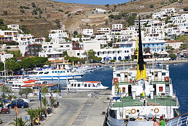 High angle view of ships at a harbor, Skala, Patmos, Dodecanese Islands, Greece