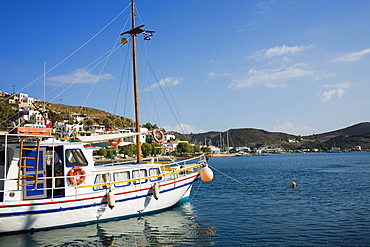 Yacht moored at a harbor, Skala, Patmos, Dodecanese Islands, Greece