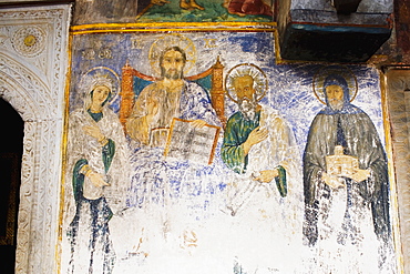 Low angle view of a mural on the wall of a church, Monastery of St. John the Divine, Patmos, Dodecanese Islands, Greece