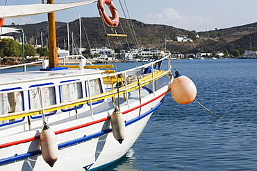 Yacht moored in the sea, Skala, Patmos, Dodecanese Islands, Greece