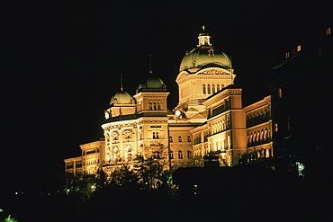 Low angle view of a building lit up at night, Berne, Berne Canton, Switzerland