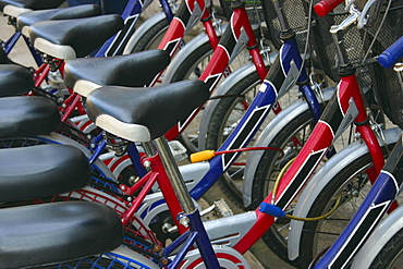 Close-up of a group of bicycles parked in a row, Vientiane, Laos