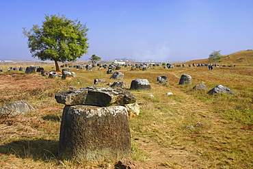 Plain of jars in a field, Valley of Jars, Phonsavan, Laos