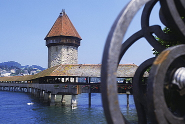 Covered bridge over a river, Lucerne, Switzerland