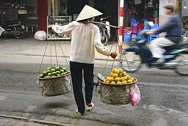 Rear view of a woman selling fruits, Hanoi, Vietnam