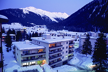 High angle view of buildings covered with snow, Davos, Graubunden Canton, Switzerland