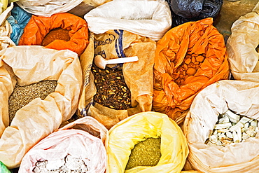 High angle view of assorted spices at a spice stall, Pisaq, Cuzco, Peru