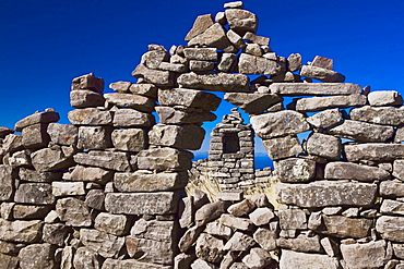 Old ruins of a stone wall, Lake Titicaca, Taquile Island, Puno, Peru