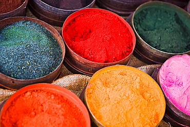 Close-up of various powder paints at a market stall, Pisaq, Cuzco, Peru