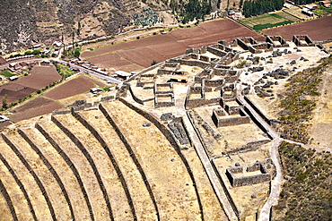 High angle view of ruins of buildings, Q'allaqasa, Pisaq, Peru