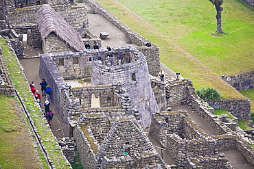 High angle view of the ruins of a temple, Temple of The Sun, Machu Picchu, Urubamba Valley, Cuzco, Peru