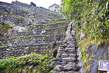 Low angle view of ruined steps, Aguas Calientes, Mt Huayna Picchu, Machu Picchu, Cusco Region, Peru