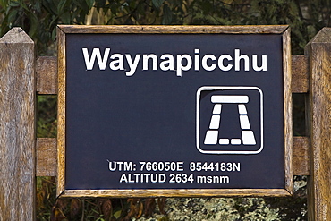 Close-up of a signboard, Aguas Calientes, Mt Huayna Picchu, Machu Picchu, Cusco Region, Peru