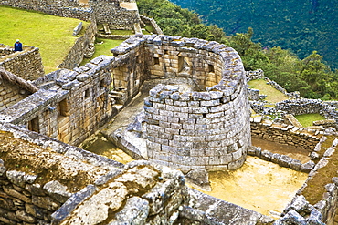 High angle view of the ruins of a temple, Temple of The Sun, Machu Picchu, Urubamba Valley, Cuzco, Peru