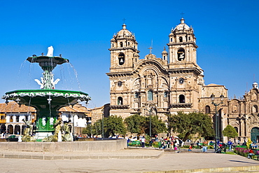 Fountain in front of a church, La Compania, Plaza-De-Armas, Cuzco, Peru