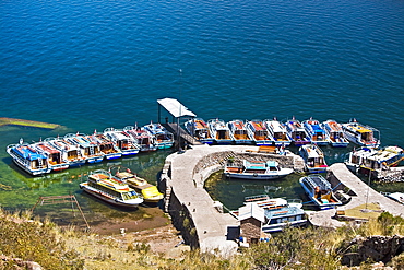 High angle view of boats moored at a dock, Lake Titicaca, Taquile Island, Puno, Peru