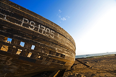 Close-up of an abandoned boat on the beach, Town Of El Chaco, Peru