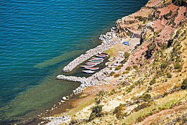 High angle view of a dock, Taquile Island, Lake Titicaca, Puno, Peru