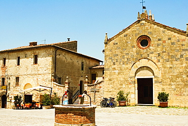 Facade of a church, Romanesque Church, Piazza Roma, Monteriggioni, Siena Province, Tuscany, Italy