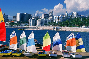 High angle view of sailboats on the beach, Torremolinos, Andalusia, Spain