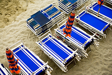 High angle view of folded lounge chairs, Italian Riviera, Cinque Terre, La Spezia, Liguria, Italy