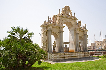 Statues on a fountain, La Fontana dell'Immacolatella, Naples, Naples Province, Campania, Italy