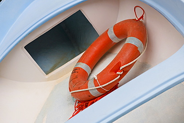 Close-up of a life belt in a boat, Italian Riviera, RioMaggiore, La Spezia, Genoa, Liguria, Italy