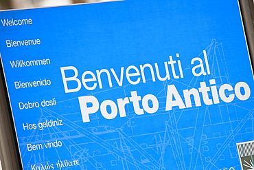 Close-up of an information board, Porto Antico, Genoa, Liguria, Italy