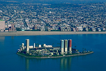 Offshore oil rigs disguised as highrises, Long Beach, California