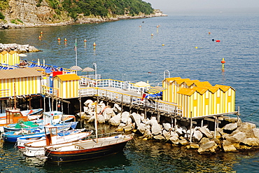 High angle view of boats at a harbor, Marina Grande, Capri, Sorrento, Sorrentine Peninsula, Naples Province, Campania, Italy