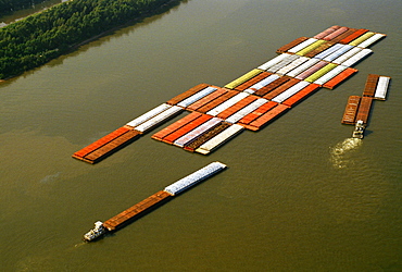 Aerial view of grain barges on the river, Mississippi River, New Orleans, Louisiana, USA