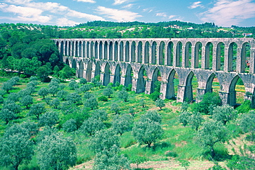 Roman aqueduct on a landscape, Tomar, Santarem, Portugal