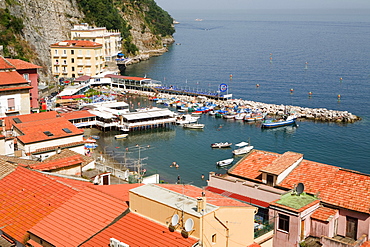 High angle view of buildings at the seaside, Marina Grande, Capri, Sorrento, Sorrentine Peninsula, Naples Province, Campania, Italy