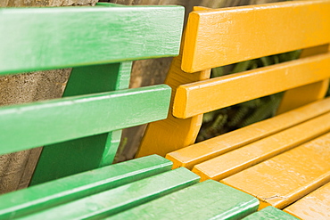 Close-up of two benches, Cinque Terre, Manarola, La Spezia, Liguria, Italy